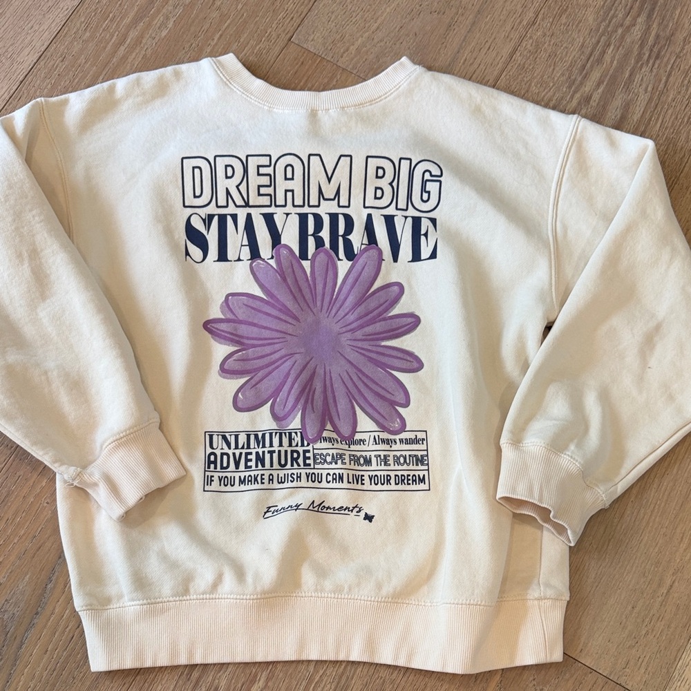 Zara kids Dream Big Stay Brave Cream Sweatshirt with Purple Daisy Graphic